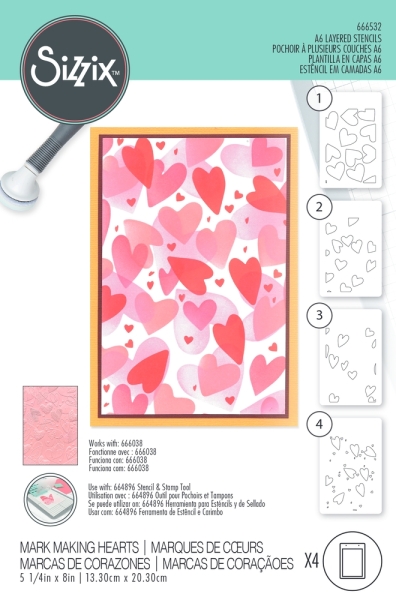 Mark Making Hearts Layered Stencils, Schablone - Sizzix