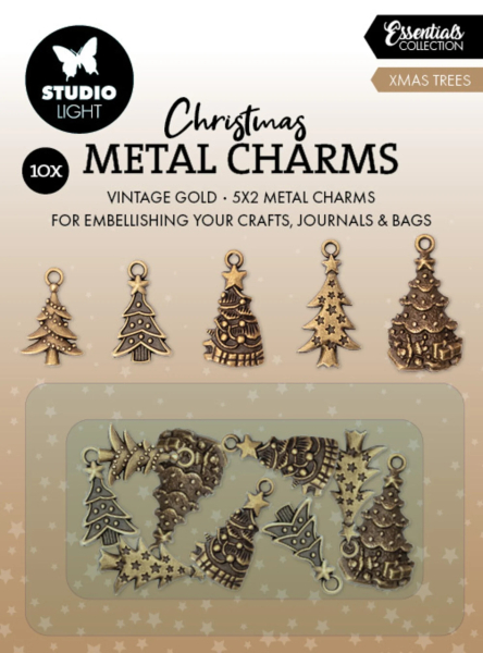 Metal Charms Christmas, Vintage Gold Christmas Trees - Studiolight